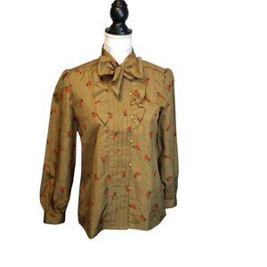 Vtg 70s rust floral orange long sleeve bow at neck secretary blouse tokyo